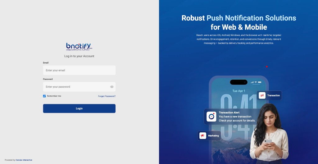 BNotify Console login screen