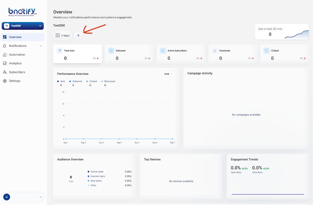 Project Overview with 0 Apps and a plus button to add an app