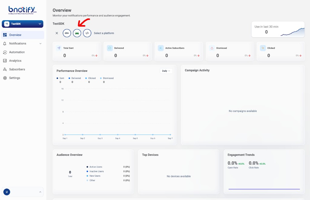 Android platform selected on the project Overview