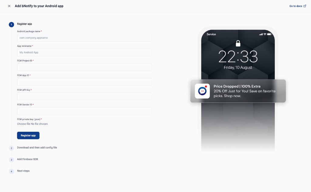 Add bNotify to your Android app — Register app form